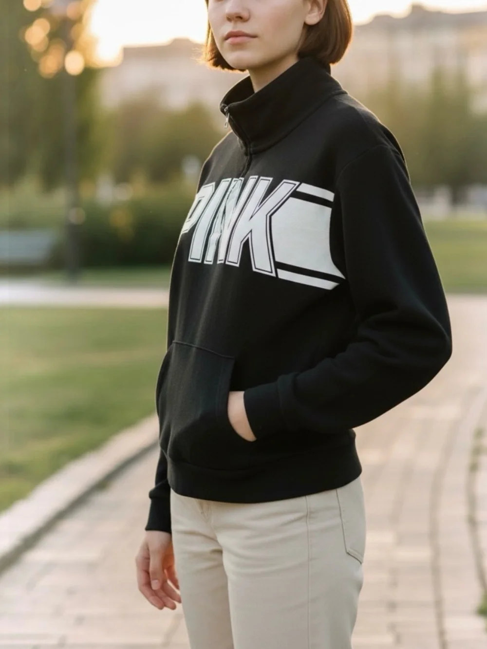 Victoria's Secret PINK Women’s Black White Block Logo Quarter Zip Sweatshirt XS